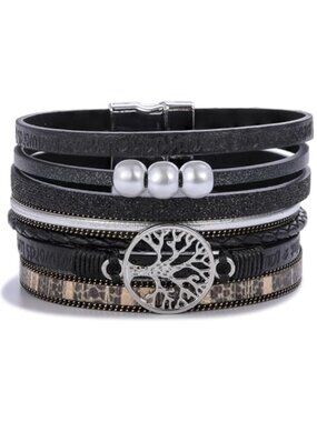 Leather Wrap Bracelet with Magnetic Clasp Inspirational Cuff Boho Pearl